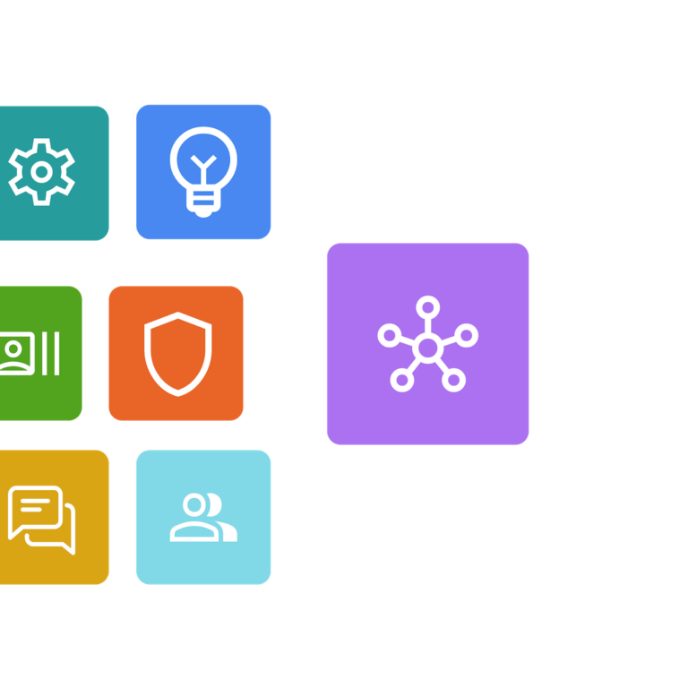 Colorful squares containing various icons including messaging, user, settings, connectivity, contacts, insights, and security.