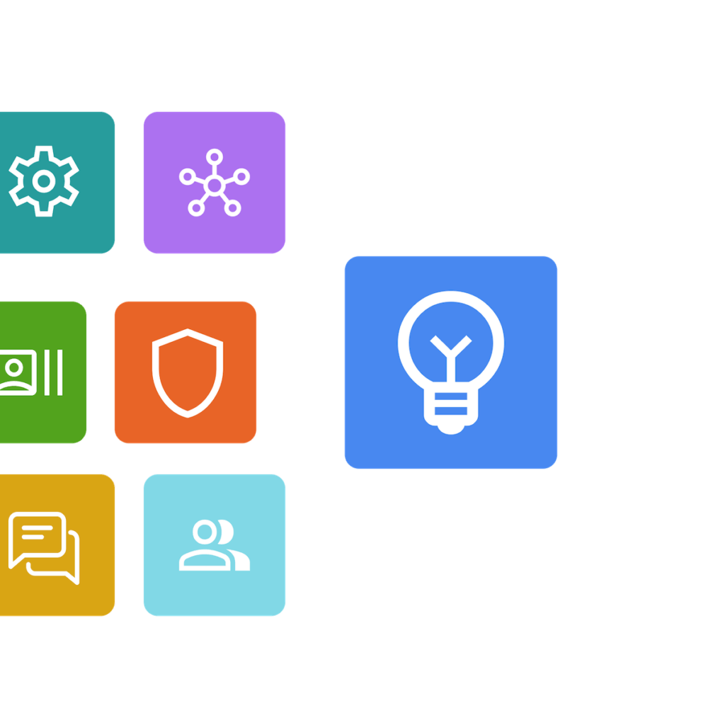 Colorful squares containing various icons including messaging, user, settings, connectivity, contacts, insights, and security.