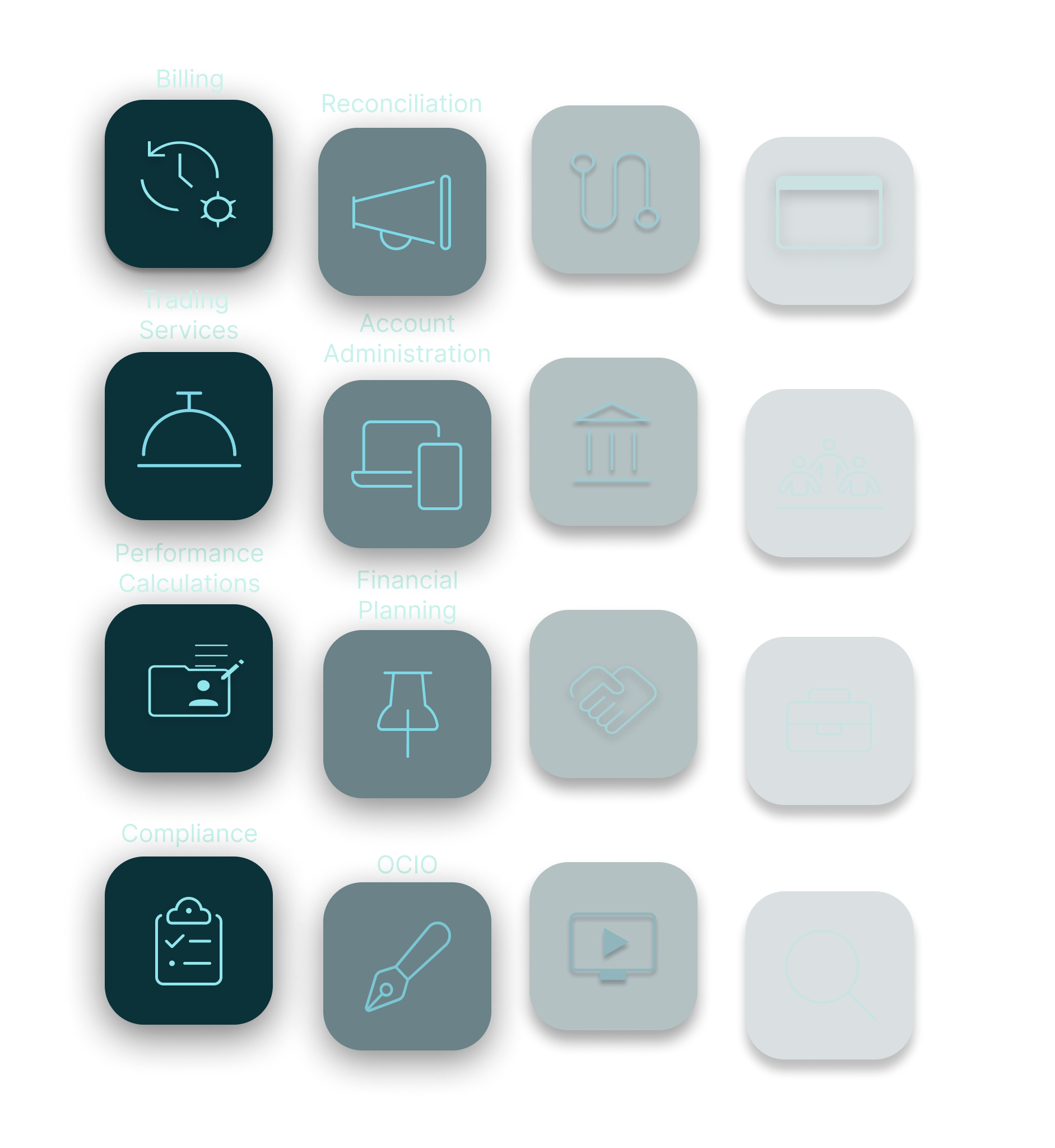A grid of 16 various icons each depicting a certain aspect of the financial management process.